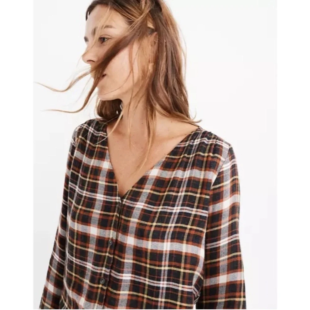 EUC - Madewell Plaid V-Neck Blouse - Black, White, Brown - Picture 2 of 7